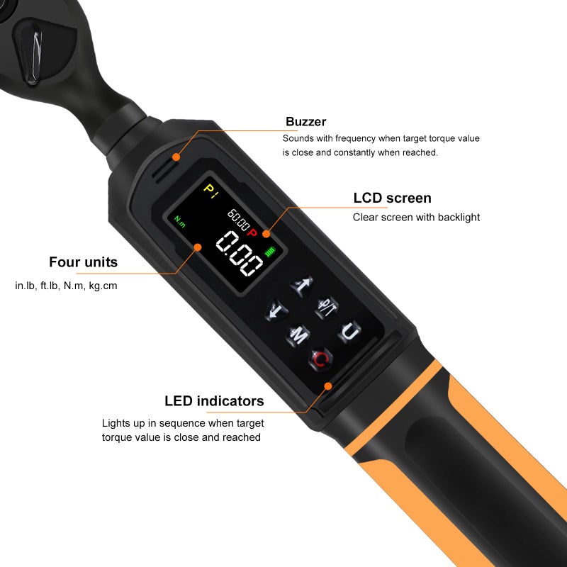 Uharbour Digital Torque Wrench 3/8 Drive  0.66-44.29Ft.lbs/0.9-60Nm Range  Electric Torque Wrench with Dual Direction Ratchet  ?2% Accuracy with Vibration  Buzzer and LED Alert - Image 3